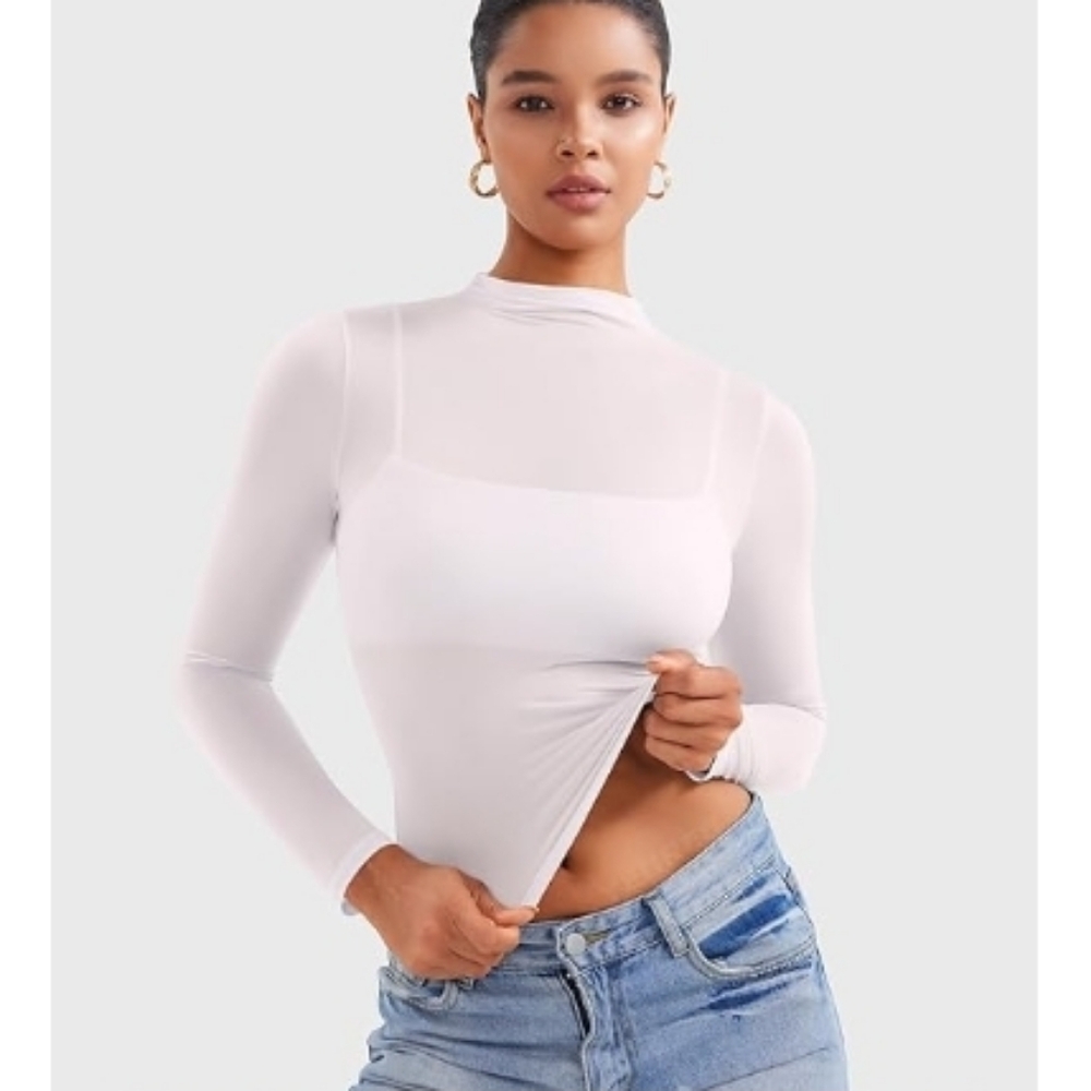 Sheer Top Long Sleeve See Through Mock Neck Slim Fit Shirt White